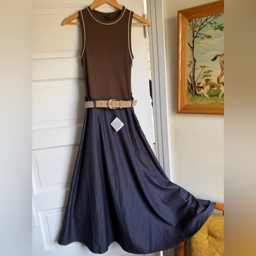 Zara NWT Brown Denim Round Neck Sleeveless Ribbed Tank Dress w/ Belt Medium